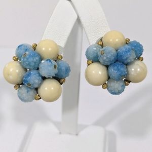 Vintage Cream Gold & Blue Cluster Clip Earrings